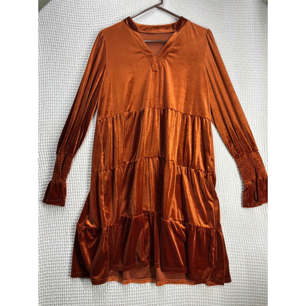 Boho Women Unbranded Velvet Tiered Mini Dress XL Copper Orange